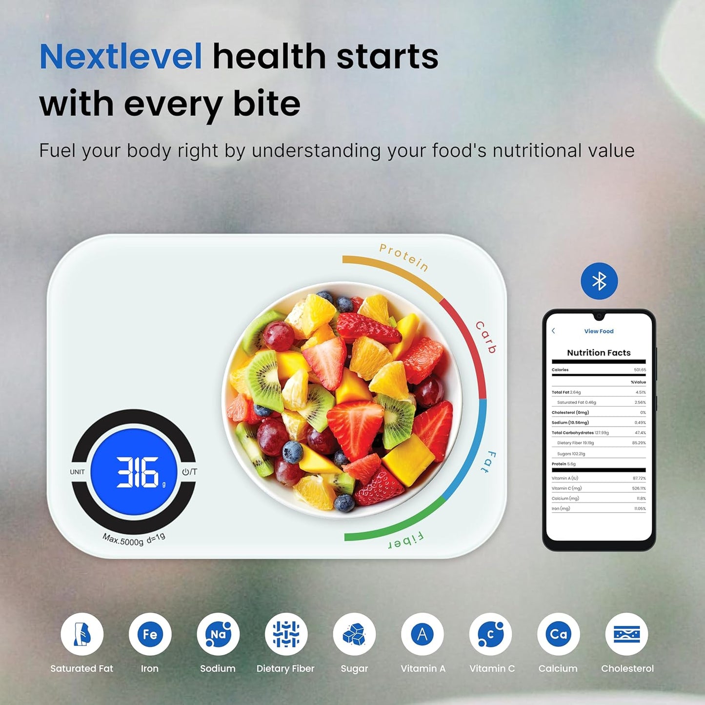NextLevel Fit Smart Digital Food Scale, Syncs with Bluetooth App for Accurate Calorie Tracking