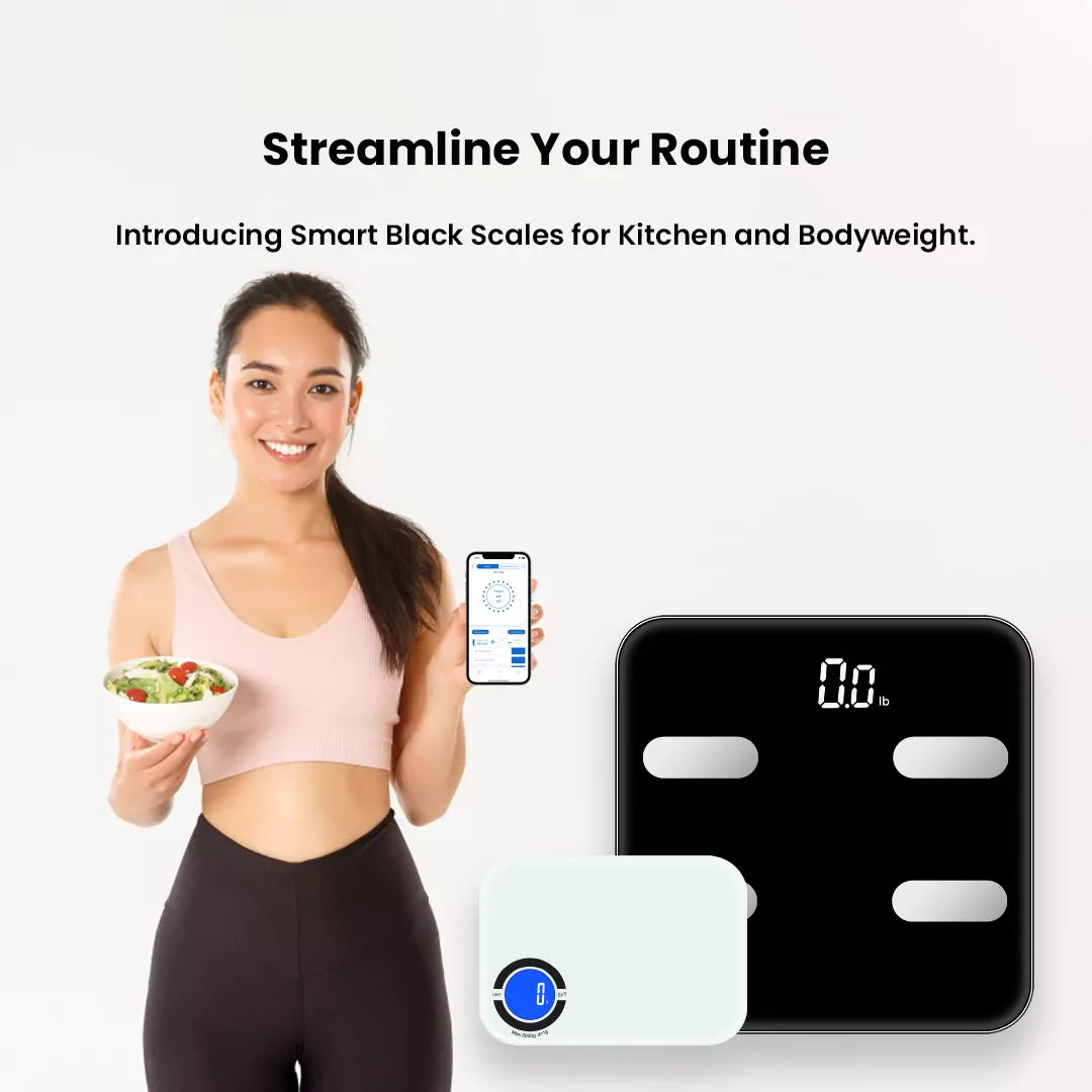Girl with food in one hand and mobile in one hand which shows NextLevel Fit App applicaton that track every calorie accurately. NextLevel Fit App smart body weight scale and smart kitchen scale for better fitness with accurate tracking!