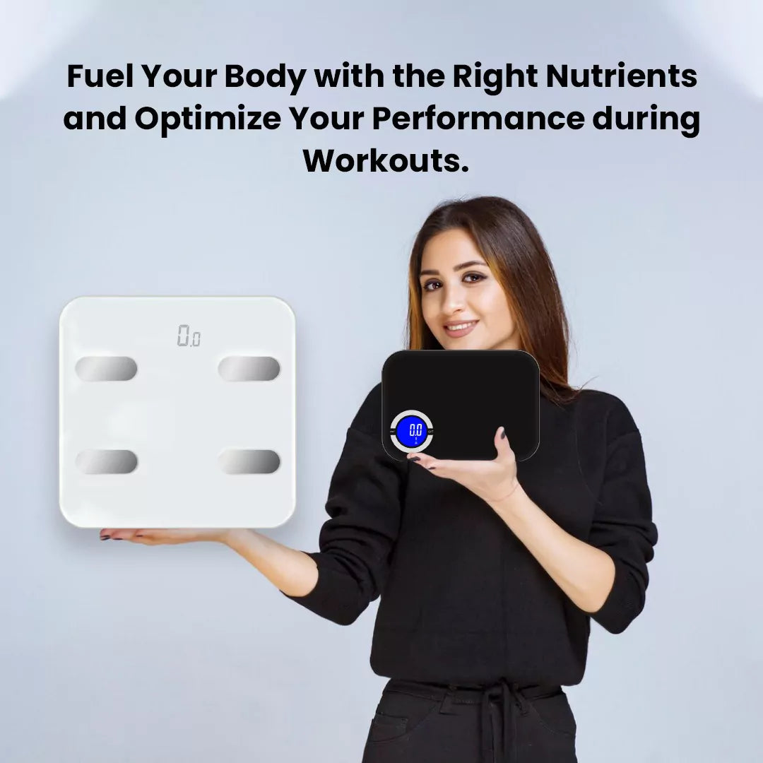 Girl with smart kitchen scale in one hand and body weight scale in one hand by NextLevel Fit App