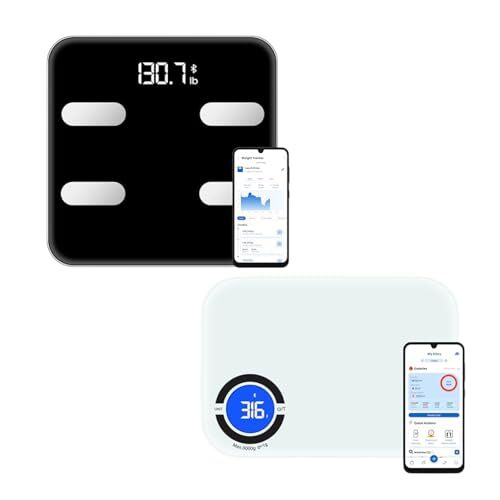 Black smart body weight scale and white smart kitchen scale that connect with the App via Bluetooth