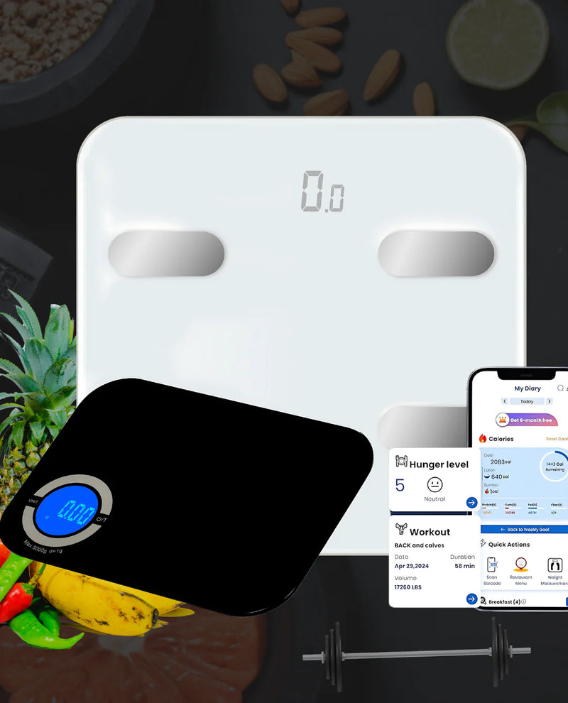 White smart body weight scale and black smart kitchen scale that can easily connect with the NextLevel Fit App